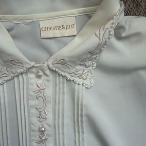 Vintage Christie & Jill White Pintuck Embroidered Blouse with Pearl Trim
